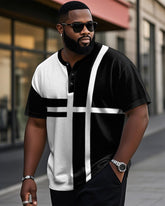 Men's Plus Size Daily Casual Black And White Striped Colorblock Printed Henry Collar Button Short Sleeve T-Shirt