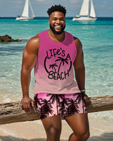 Men's Plus Size Hawaiian Pink Gradient Coconut Tree Letter Print Tank Shorts Suit