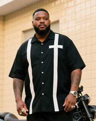 Big Man's Faith Cross White Strip Black Short Sleeve Shirt Shorts Suit
