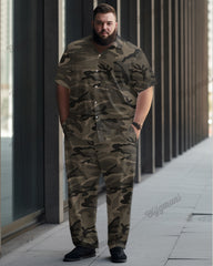 Camouflage Print Short Sleeve Shirt Trousers Suit Men's Plus Size