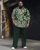 Men's Plus Size Retro Cashew Flower Texture Printed Long Sleeve Lapel Shirt 2 Piece Set