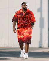 Men's Big and Tall Fire Letter PRISON Theme Printed Outdoor Short Sleeve Polo Shirt Shorts Set