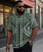 Men's Plus Size Green Vintage Print Henry Collar Button Short Sleeve T-Shirt