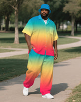 Big Men's Vibrant Sunshine Gradient Style Button-up Short-Sleeve Shirt Pants Sets