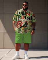 Men's Plus Size Street Fashion Green Cartoon Fun Chick Alphabet Print Shirt Shorts Suit