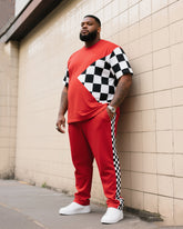 Big Boy Daily Casual Fox Red Chessboard Black And White Plaid Irregular Round Neck Short Sleeve T-Shirt Trousers Suit