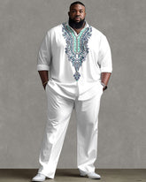 Big Men's Daily Casual Retro Print Long Sleeve Shirt Pants Set