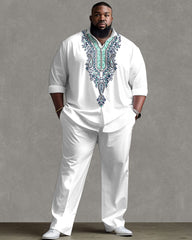 Big Men's Daily Casual Retro Print Long Sleeve Shirt Pants Set