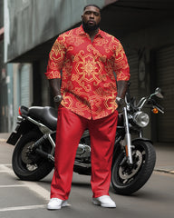 Big Guy’s Vintage Court Pattern Long Sleeve Lapel Shirt 2-piece Set