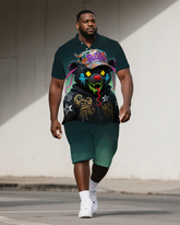 Men's Casual Hip Hop Bear Cartoon Printed Big and Tall Short-Sleeve Polo Shirt Shorts Set