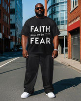 Men's Simple Letter Style FAITH OVER FEAR Short Sleeve T-shirt Pants 2-Piece Set