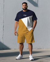 Men's Plus Size Dark Blue & Yellow & White Fashion Round Neck Short Sleeve T-Shirt Shorts Suit