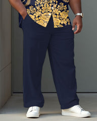 Vintage Dark Royal Blue Court Pattern Shirt Trousers Suit Men's Plus Size
