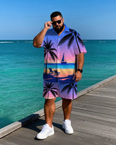 Big Men's Romantic Hawaiian Seaside Gradient Scene Printed Casual Short Sleeve Shirt Shorts Set