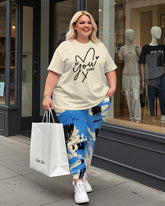 Women's Plus Size Be You Tiful Print T-Shirt and Graffiti Trousers Suit