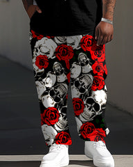 Rose Flower Skull Print T-shirt Trousers Set Men's Large