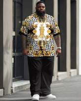 Men's Plus Size Business Casual Retro Roman Style Printed Short Sleeve Shirt Suit