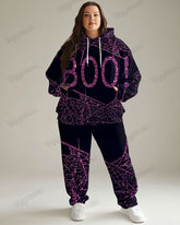 Women's Casual Daily Shiny Spider Web BOO Print Plus Size Hoodie Suit