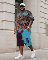 Men's Plus Size Rich Razzin Rolled Ice Dye Tie-Dye Crewneck T-Shirt Shorts Suit