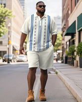 Men's Plus Size Business Apricot Blue Stripe Print Short Sleeve Polo Shirt Shorts Suit