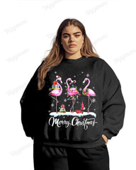 Christmas Flamingo Print Women Plus Size Hoodie Suit