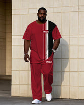 Men's Plus Size Classic Red And Black Color Chest Small Label Printed Short Sleeve T-shirt Trousers Suit