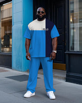 Big Men's Casual Splicing Blue Color Block POLO Printed Short Sleeve T-shirt Drawstring Pants Set