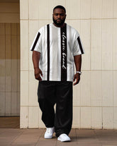 Men's Big & Tall Slim Striped Letter Printed Short-sleeved T-shirt Trousers Set