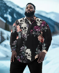 Flower Skull Long Sleeve Lapel Shirt Men's Big & Tall