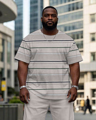 Men's Plus Size Apricot Striped Short Sleeve T-Shirt Trousers Suit
