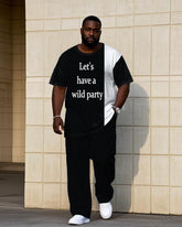 Men's Plus Size Black & White Colorblock "Let's Party Together" Slogan Printed Short Sleeve T-Shirt Trousers Suit
