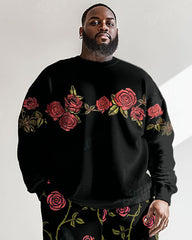 Men's Black Vine Rose Print Plus Size Round Neck Sweatshirt Suit