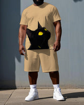 Big & Tall Men's Cute Black Cat Illustration Print Casual Breathable Short-Sleeve T-shirt Shorts Set