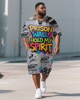 Big Men's PRISON WALL Colorful Lettering Streetwear Short Sleeve Polo Shirt Shorts 2-Piece Set
