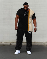 Big Men’s Black & Khaki Colorblock King Printed Short Sleeve T-Shirt Trousers Set