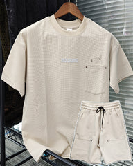 M-3XL Daily Casual Apricot Wafflick Breathable Crewneck Shorts Suit