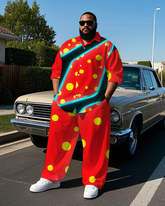 Men's Artistic Stripes Polka Dot Printed Casual Big and Tall Long Sleeve Shirt Pants Set