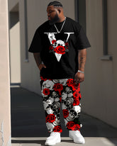 Rose Flower Skull Print T-shirt Trousers Set Men's Large