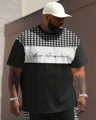Men's Large Casual Colorblock Houndstooth Printed T-Shirt Pants Suit