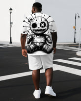 Men's Cartoon Needlework Doll Back Print Outdoor Big & Tall Short-Sleeve T-shirt Shorts Set