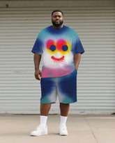 Big & Tall Men's Blue Simi Graffiti Print Round Neck Short Sleeve T-Shirt Shorts Suit