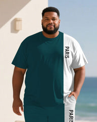 Big & Tall Men Green & White Colorblock Slogan Printed Round Neck Short Sleeve T-Shirt Shorts Suit
