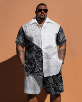 Big Men's Simple Pattern Patchwork Printing Pocket Short-sleeved Shirt Shorts Set