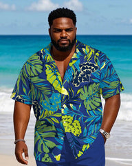 Men's Plus Size Hawaiian Royal Blue Large Leaf Shirt Shorts Suit