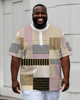 Men's Plus Size Daily Casual Apricot Geometric Stripe Patchwork Printed Henry Collar Button Short Sleeve T-Shirt