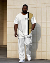 Men's Big & Tall White & Khaki Color-block Small Label Printed Short-sleeved T-shirt Trousers Set