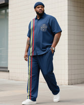 Big Boy Essential 2025Prussian Blue Striped Pocket Printed Short Sleeve Shirt Trousers Suit