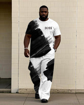 Men's Plus Size Street Brush "boss" Chest Printed Short Sleeve T-shirt Pants Suit