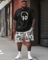 Men's Large Size Casual Music Headphones Simple Gradient Short-sleeved Shorts Set