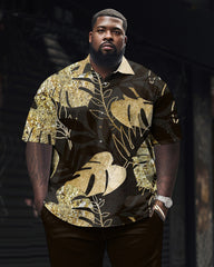 Shiny Leaf Pattern Printed Large Men's Short Sleeved Shirt Set